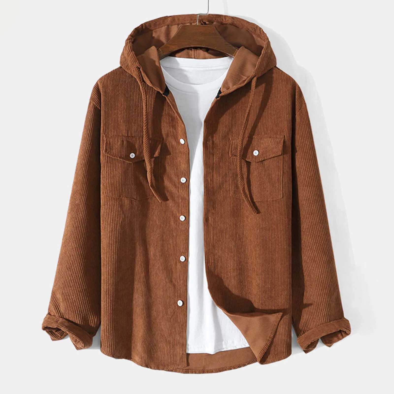 New Mens Corduroy Shirt Jacket Casual Long Sleeved Jacket Button Up Hooded Shirt Hoodies Brown Sweatshirt For Male Mens Hoodie Y240906