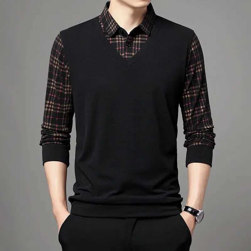 Autumn Winter 2023 New Smart Casual Turn-down Collar Long Sleeve T-Shirt Mens Clothing Fashion Buttons Pullover Patchwork TopsXJ240906