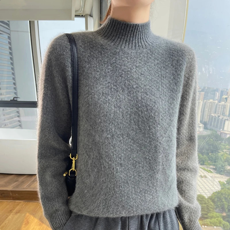 Autumn and Winter 100% Merino Wool Womens Sweater Half High Collar Solid Color Thick Knitted Large Size Loose Long Sleeve Floral Top 240905