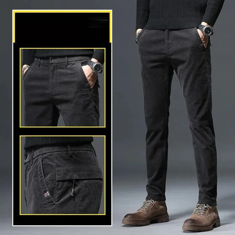 Autumn Winter Mens Retro Corduroy Casual Pants Business Fashion Solid Color Elastic Regular Suitable for Trousers 240905