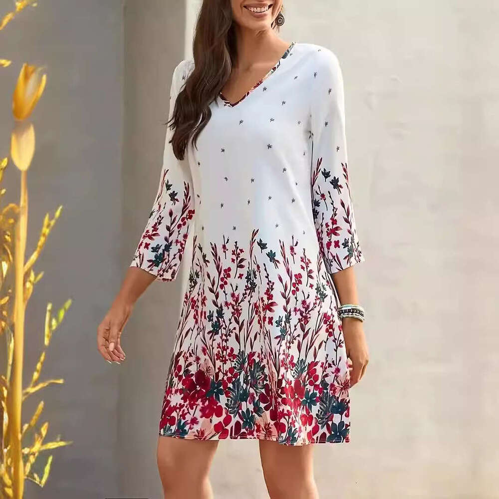 TMEU Women's New Printed Fashion V-neck Floral Dress for Spring and Summer 2024