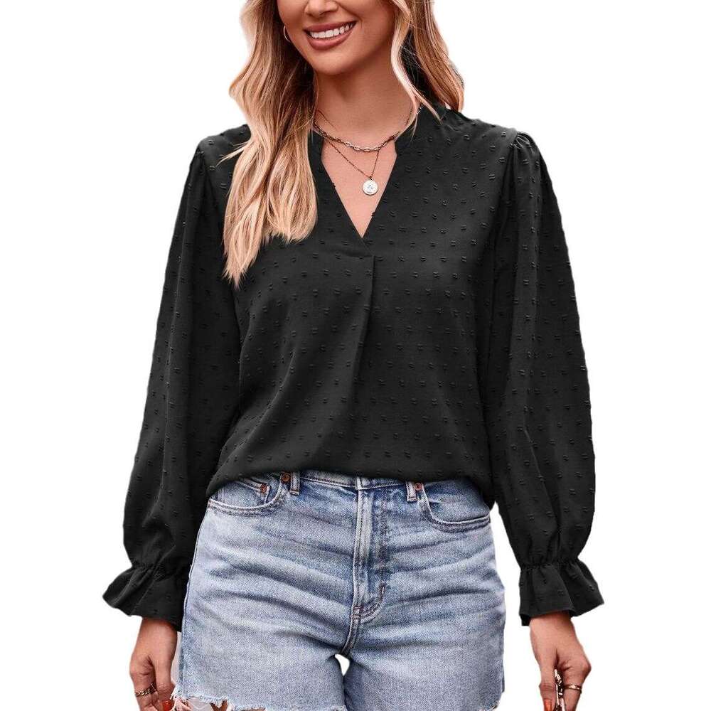 2024 Autumn New Womens Jacquard T-shirt V-neck Loose Long Umbrella Sleeve Top