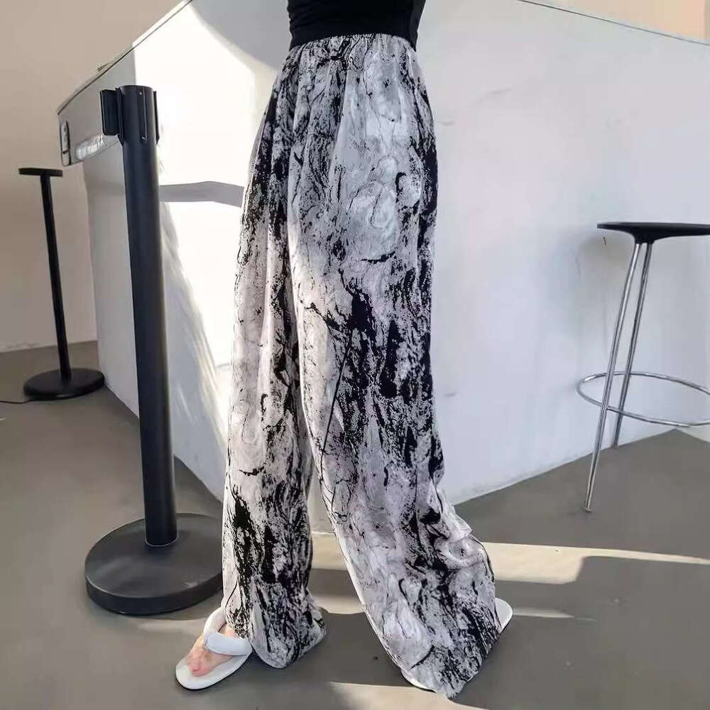 2024 high waisted hanging ink painting new Chinese style casual floor pants