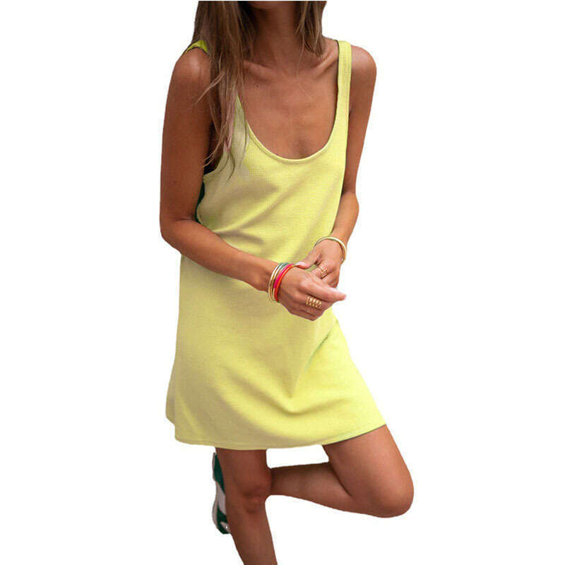 2023 New Solid Waffle Sleeveless Loose Strap Casual Tank Top Dress