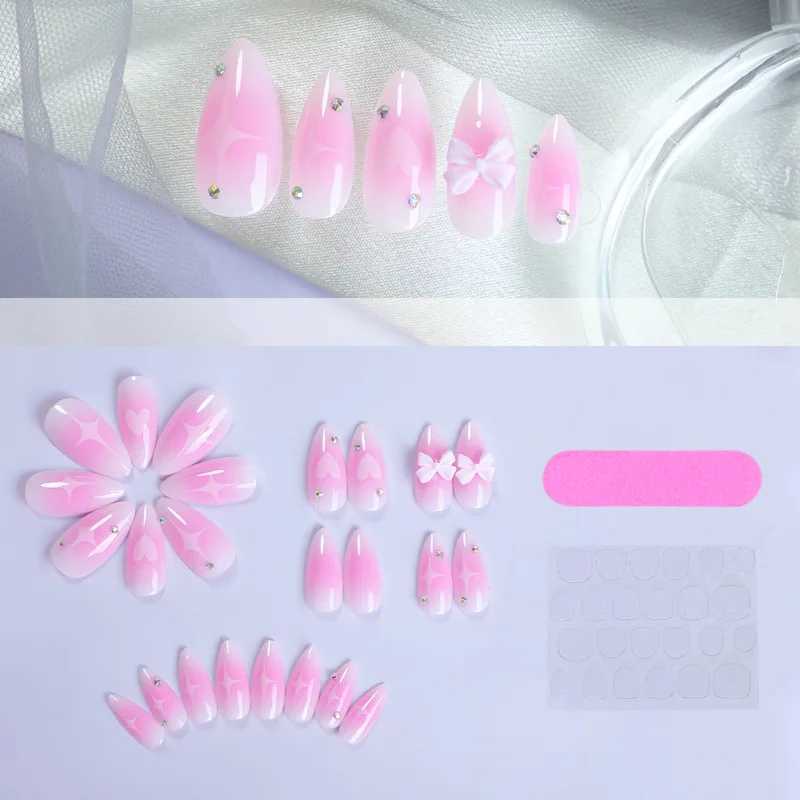 24pcs powder blusher false nails Almond 3D bow decoration press nails full set of sweet gloss false nails tips W240905
