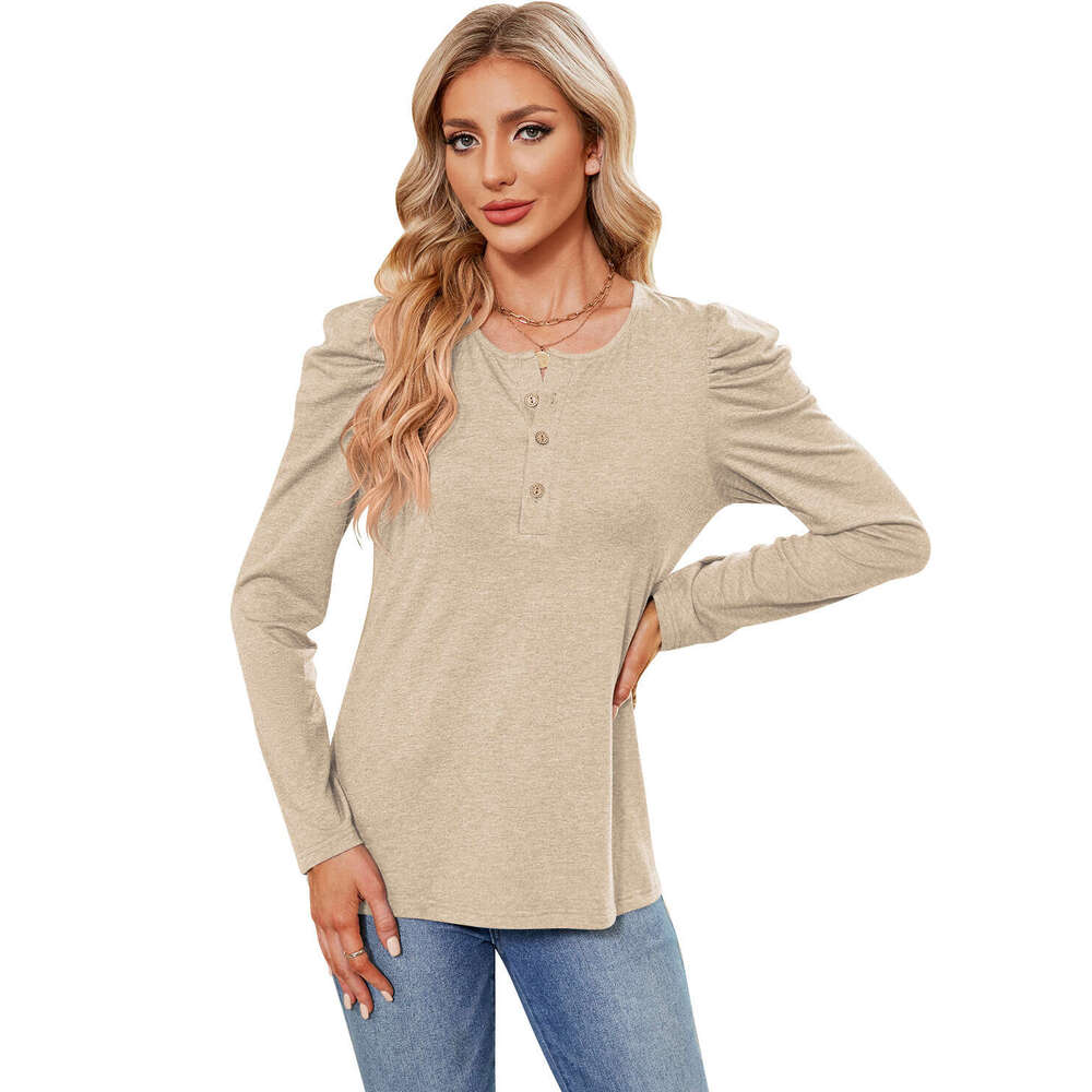 2024 Autumn/Winter New Solid Color Button Round Neck Bubble Sleeve T-shirt Top for Women