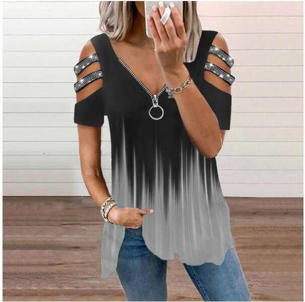 2024 V-neck zipper pullover printed short sleeved loose T-shirt Women's top