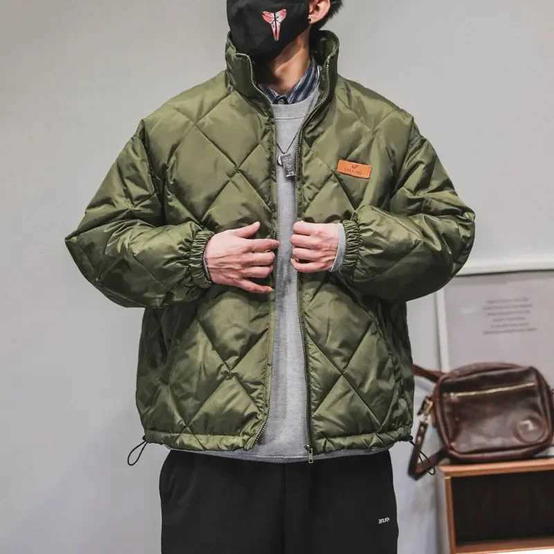 Winter Retro Rhombus Cotton Padded Coats Mens Casual Loose Lightweight Warm Bread Padded Jacket Unisex Standing Collar Parkas M240906