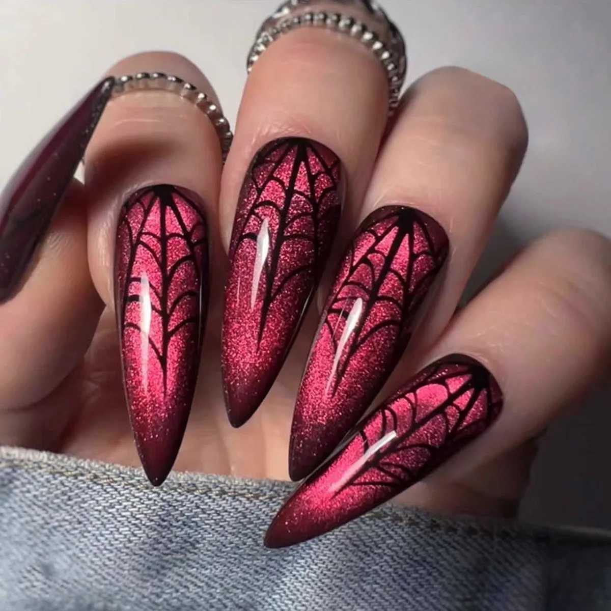 24 Halloween fake nails sparkling red fake nails spider web design long almond pressed on wearable nails fully covered nail tips W240905
