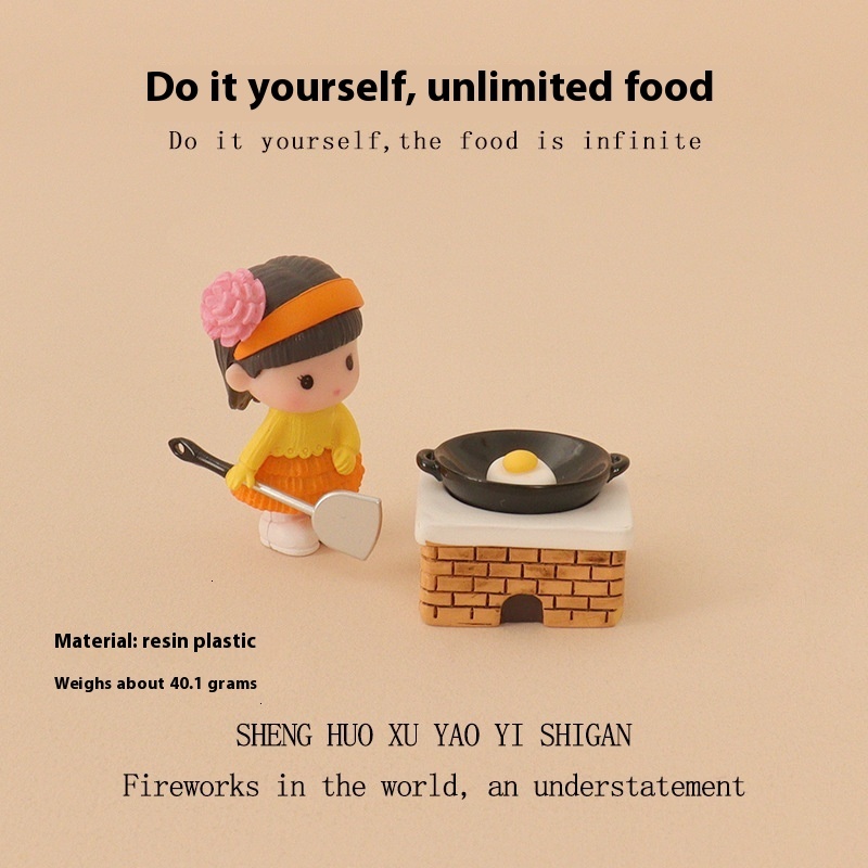 Cartoon mini stove, little girl cooking, micro landscape scene, playing house, baby house accessories, home decoration, small ornaments