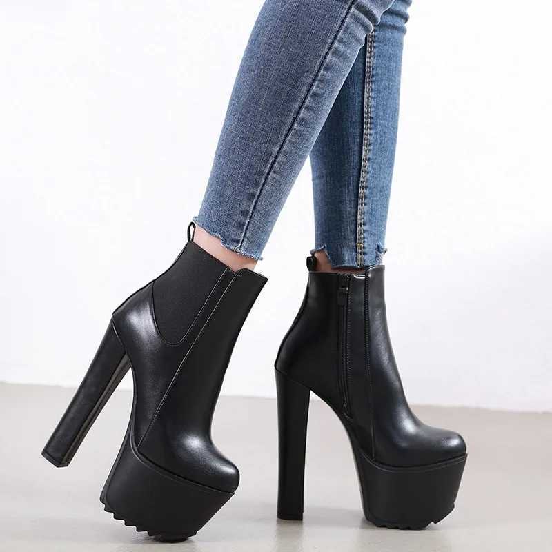 Newly arrived 16cm high heels womens short boots leather spring autumn winter womens ankle boots platform thick boots womens shoes 40 CL240906
