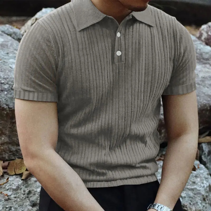 2024 Summer Knit Mens Polo Shirt Business Casual Striped Lapel Short Sleeve Henry Shirt T-shirt Comfortable Mens Clothing 240906
