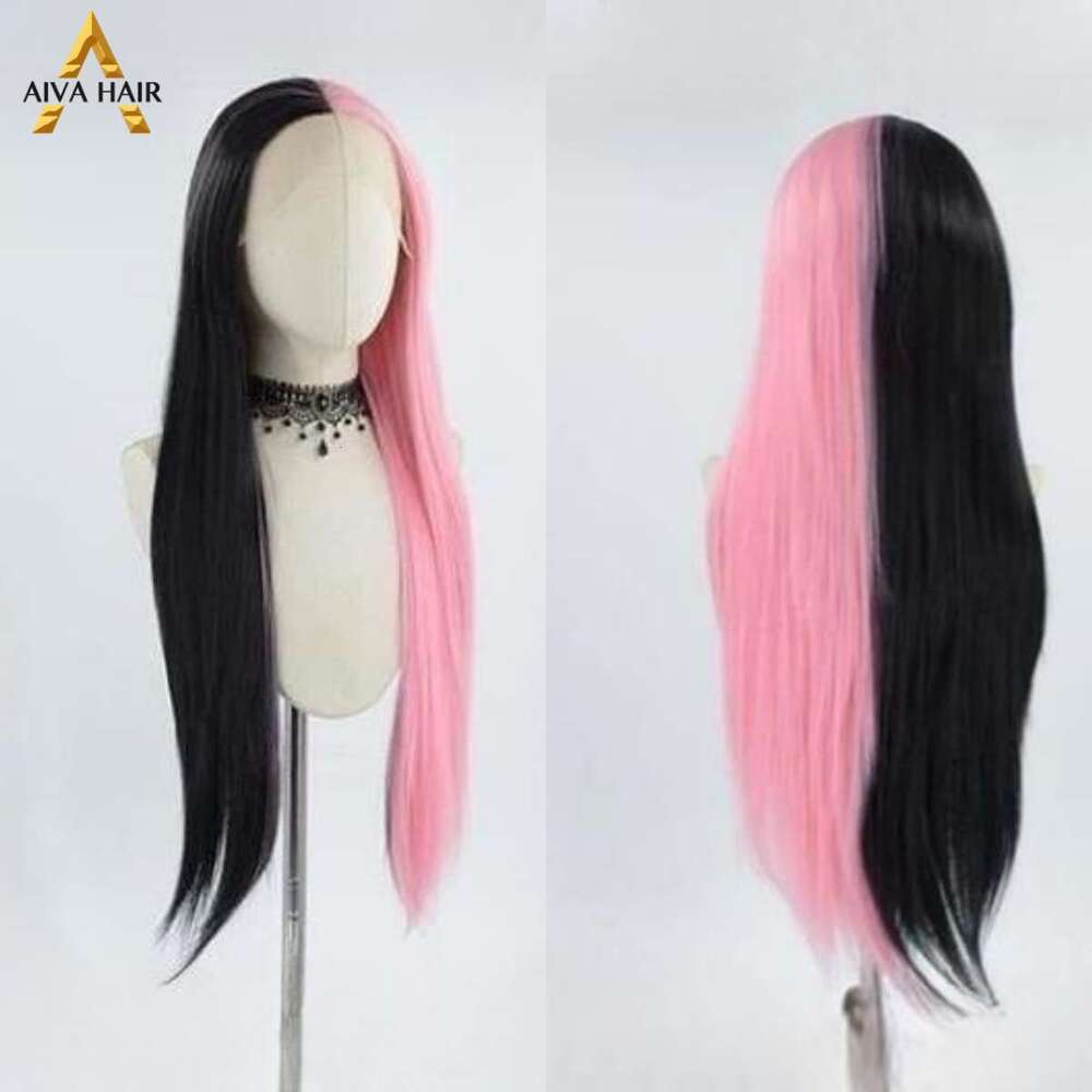 Aiva Hair Pink Half Black Synthetic 13X4 Lace Front Wig Cosplay Heat Resistant Glueless Wigs For Women Pre Plucked 180%