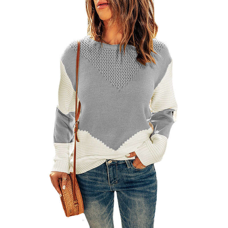 Knitted top women's autumn and winter clothing new round neck contrasting base pullover sweater