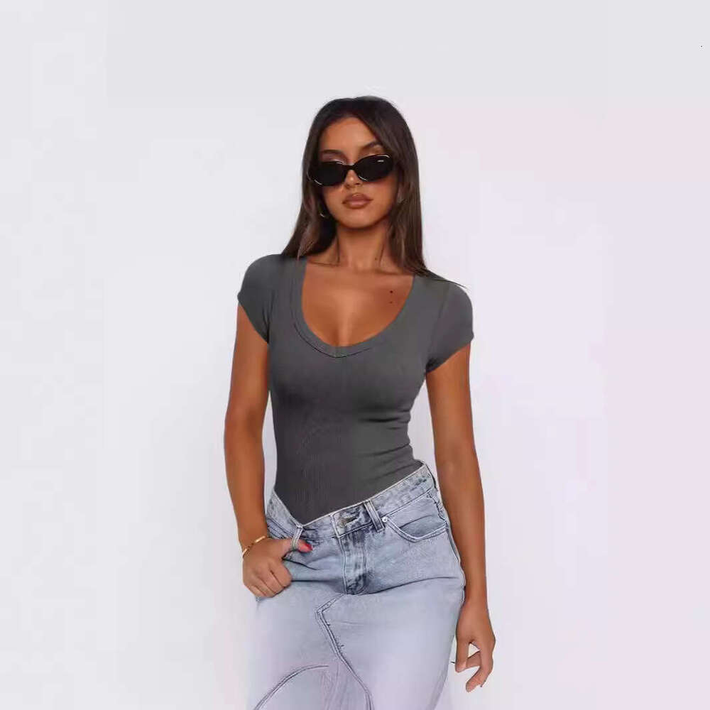 2024 Summer Women's Thread Pullover Solid Color Spicy Girl Dress Versatile Sexy Fashion Short sleeved Top for Women
