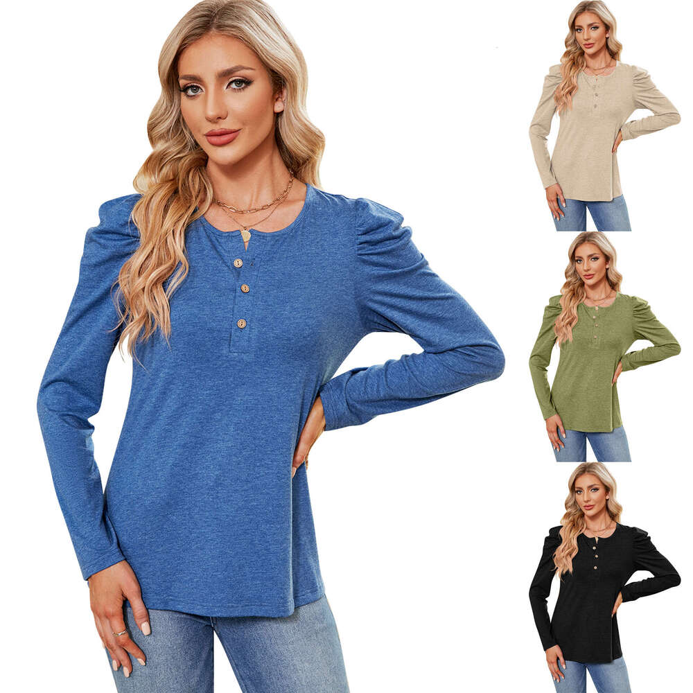 2024 Autumn/Winter New Solid Color Button Round Neck Bubble Sleeve T-shirt Top for Women