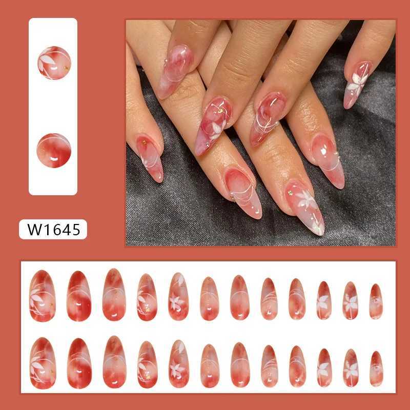 24 Ins flower false nails gradually powder blusher Korean sweet almond pressed on the nails suitable for women to wear removable false nails W240905
