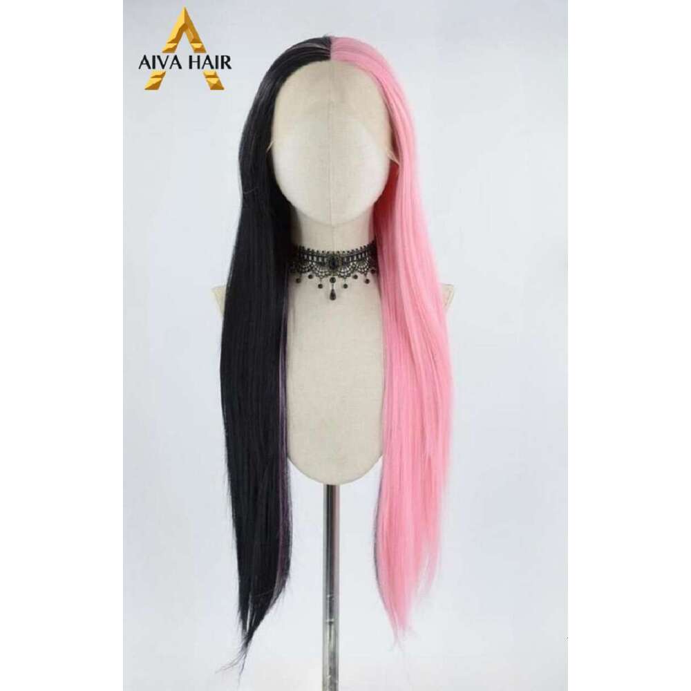 Aiva Hair Pink Half Black Synthetic 13X4 Lace Front Wig Cosplay Heat Resistant Glueless Wigs For Women Pre Plucked 180%