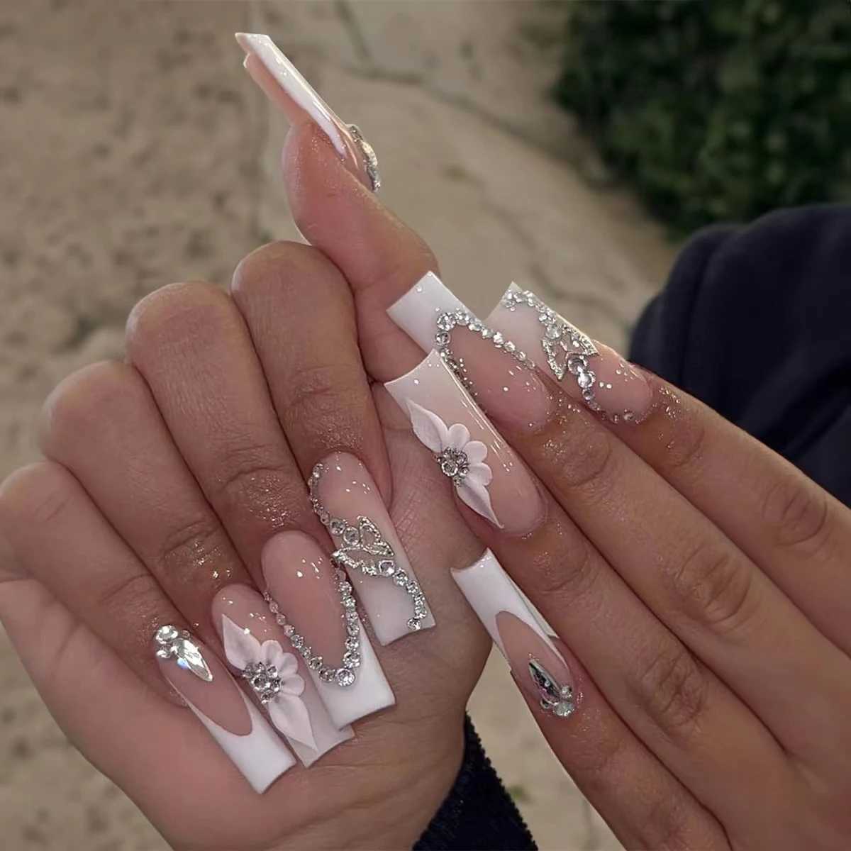 24 long coffees with French patterns flowers butterfly dots sparkling fake diamonds 1 nail file and 1 piece of jelly glue W240905