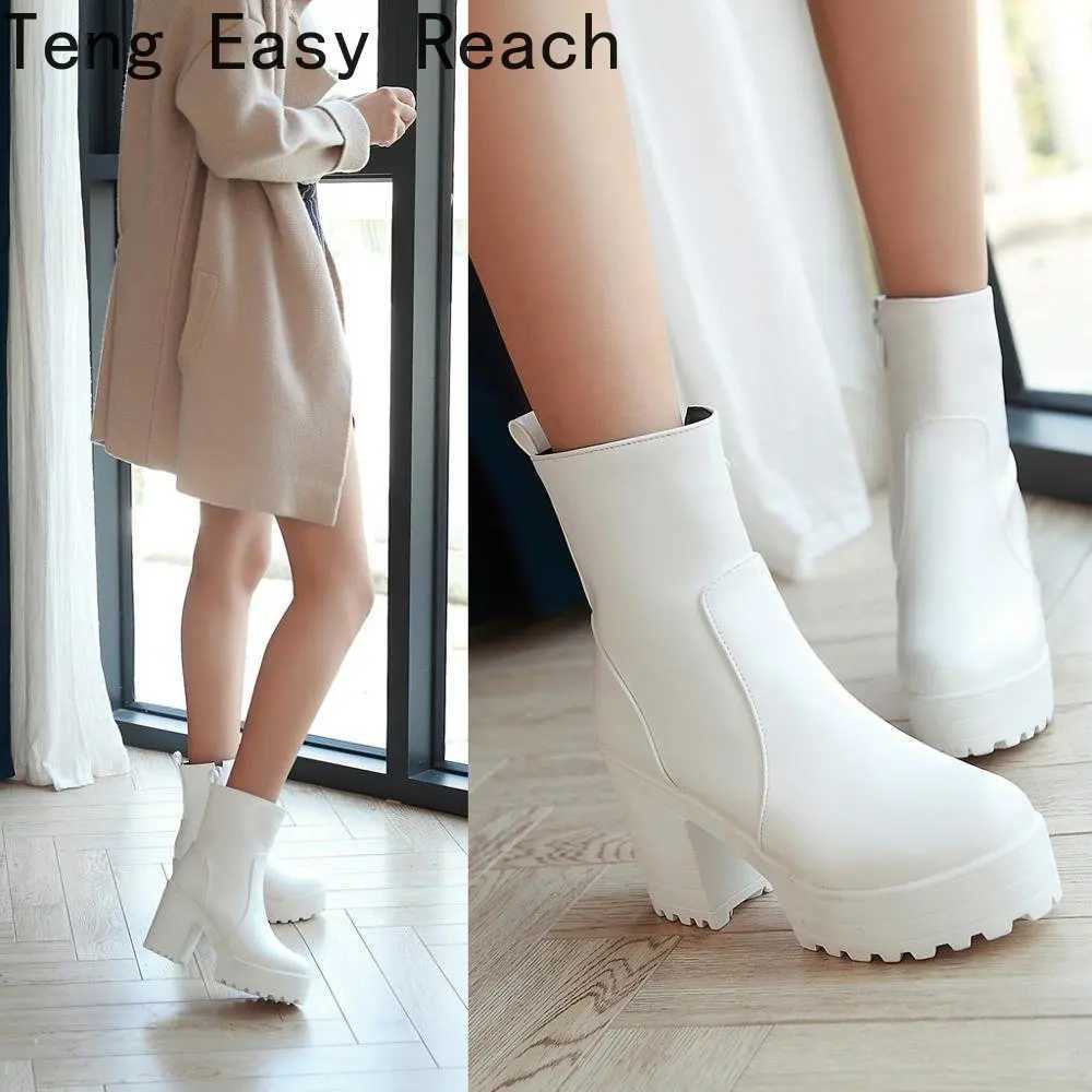 2023 Womens Ankle Boots Square High Heel Lace Round Head Womens Platform Black and White Womens Motorcycle Boots Size 34-43 CL240906