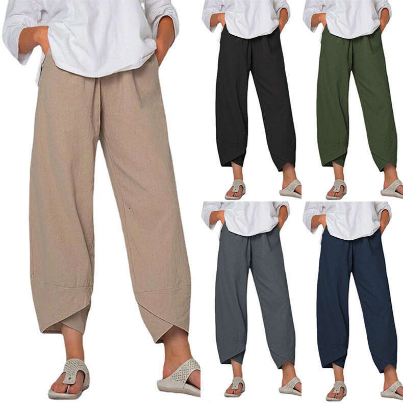 2024 Spring/Summer New Women's Cotton and Hemp Wide Leg Solid Color Large Size High Waist Loose Casual Nine Cent Pants for Women