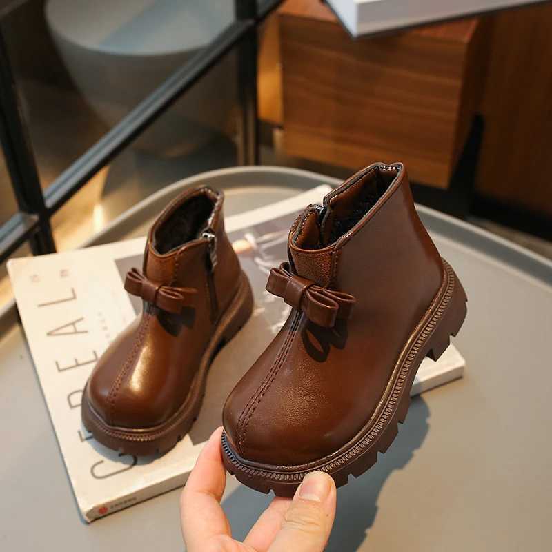 New Girls Ankle Boots Winter Shoes for Kids Princess Leather Shoes Child Bowtie Plush Warm Snow M240906