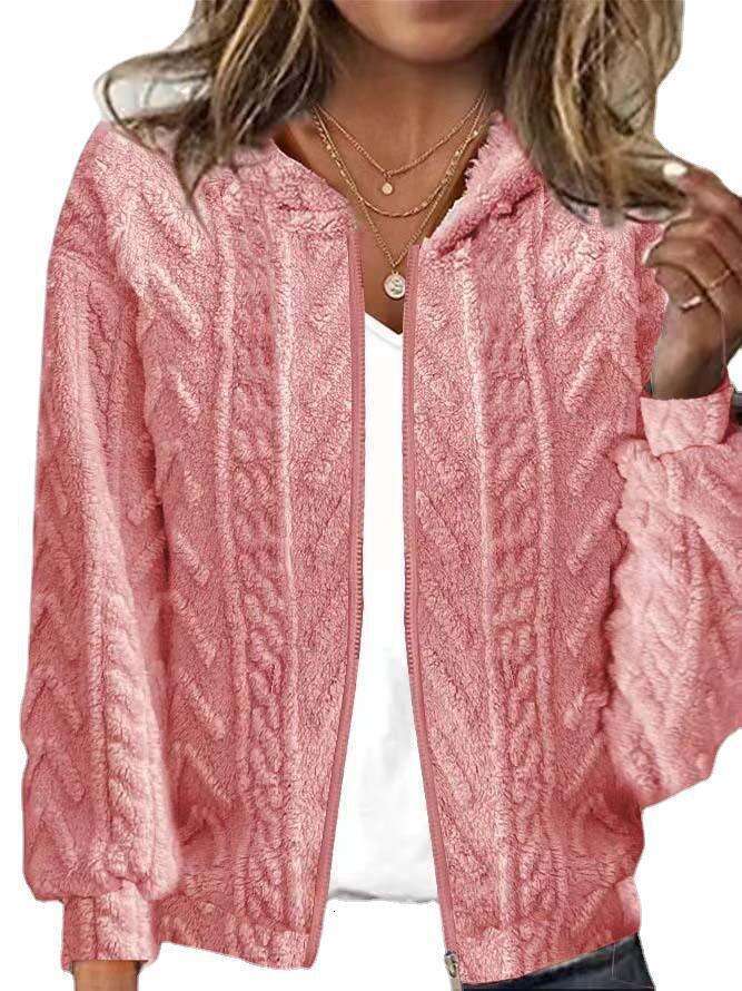 Women's 2024 Autumn/Winter New Comfortable and Casual Hooded Jacquard Long Sleeve Plush Coat