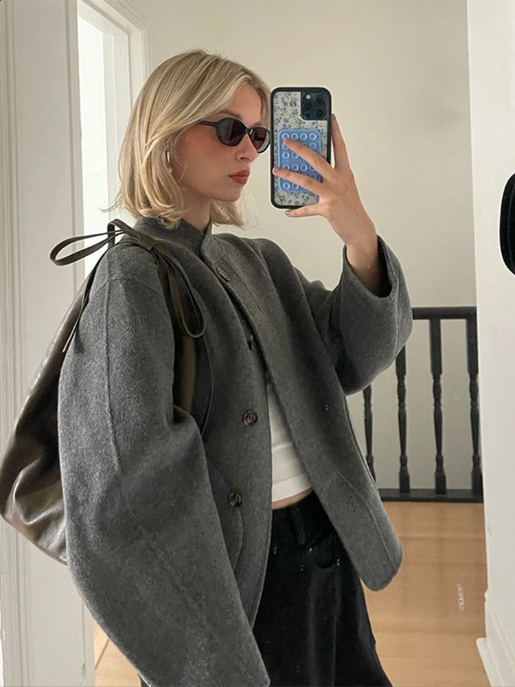 Casual Stand Up Collar Single Breasted Womens Woolen Coat Solid Color Pocket Long Sleeved Jacket High Street Ladies Coats 240904