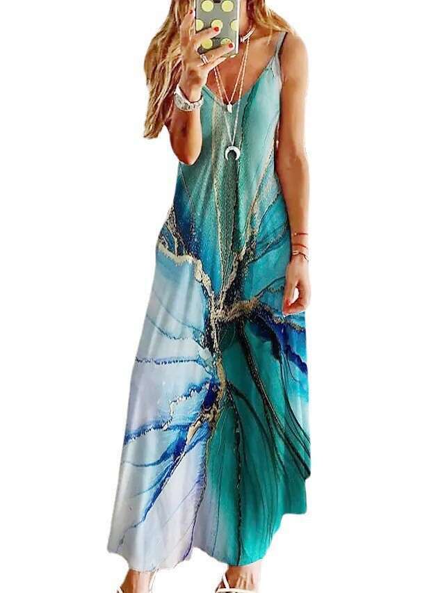 2023 Women's Summer V-neck Sexy A Edition Positioning Printed Long Loose Large Strap Dress