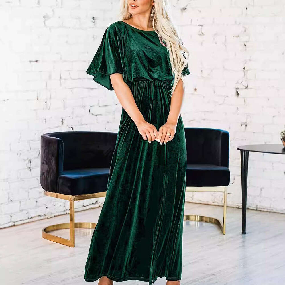 2024 French First Love New Spring and Summer Short Sleeve Sexy Charm Gold Velvet Round Neck Dress