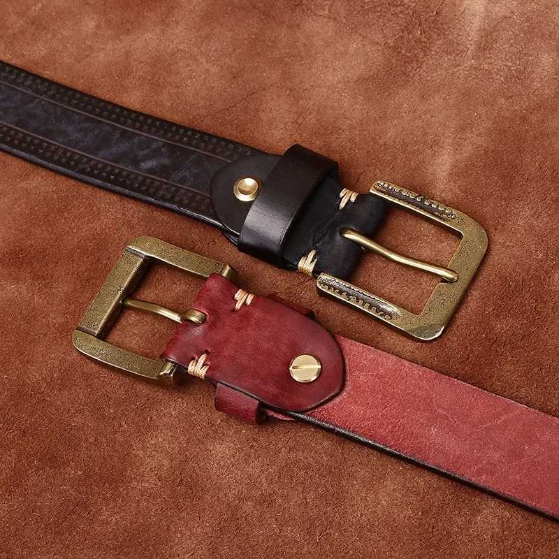 Classic leather mens belt with vintage brass buckle W240905