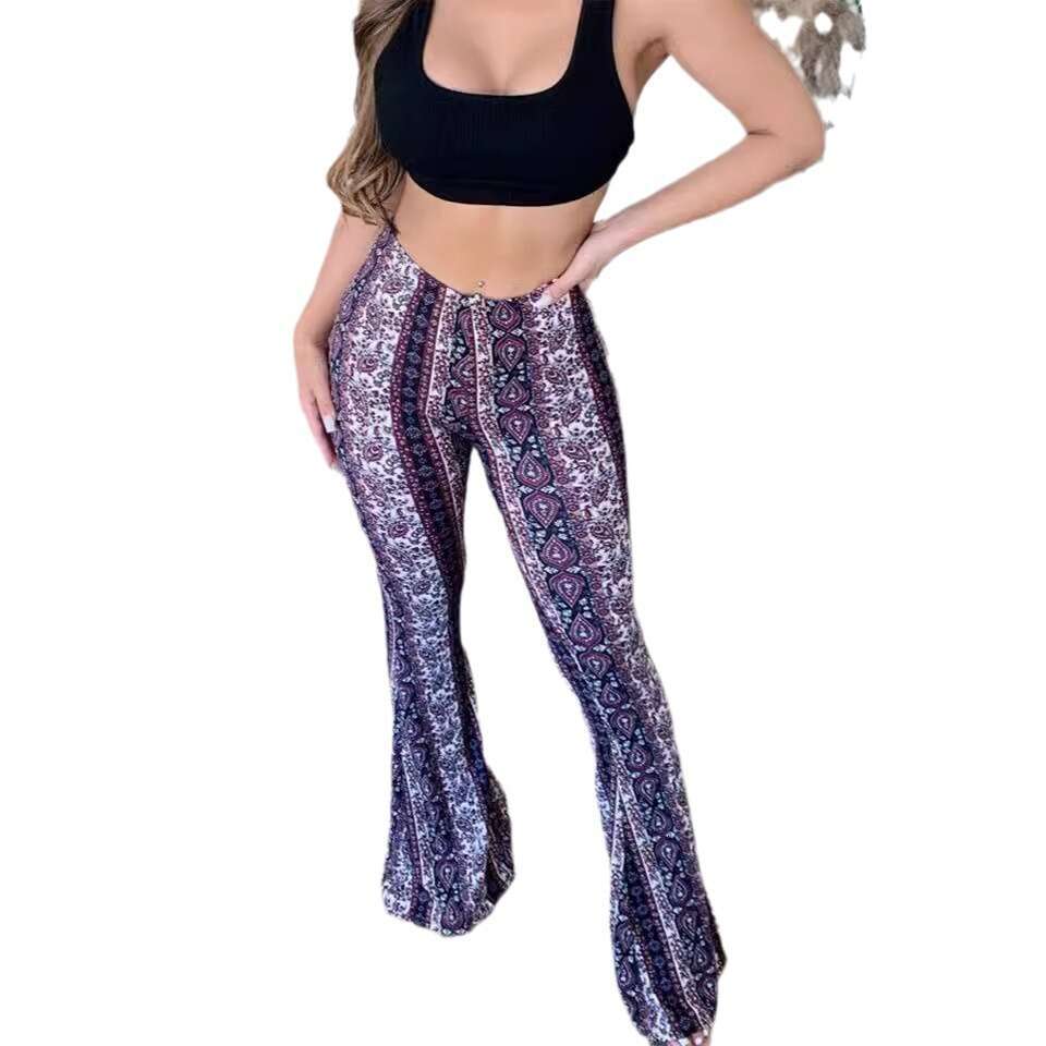 2024 new high elasticity tight fitting micro flared sexy printed pants for women
