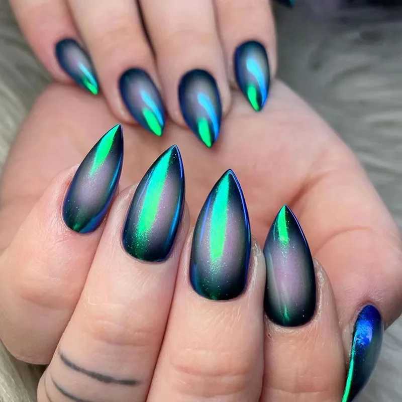 24pcs almond fake nails with amber stripe design can be worn in long and thin high-heeled shoes fake nails blue French full cover decorative nails W24
