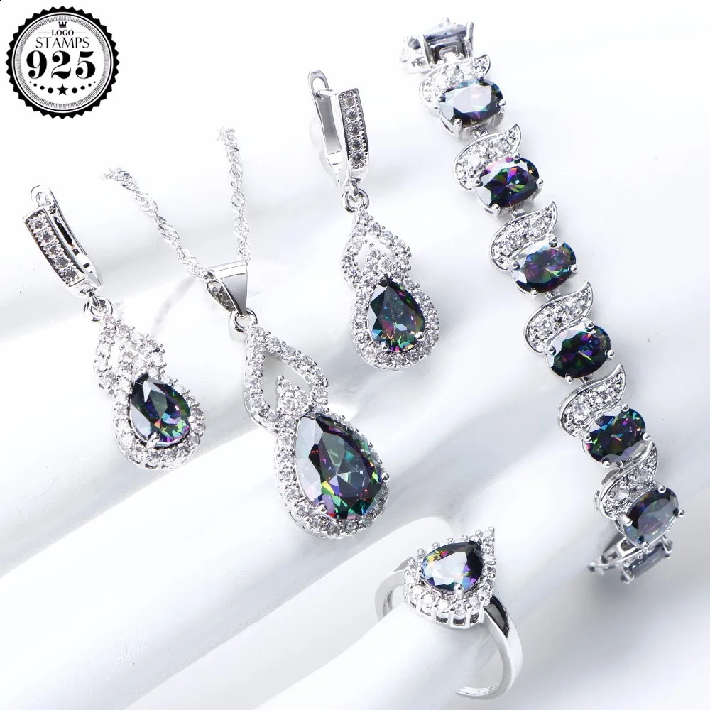 Natural Rainbow Jewelry Set 925 Pure Silver Stone Womens Wedding Earrings Bracelet Ring Set Gift Box 240906