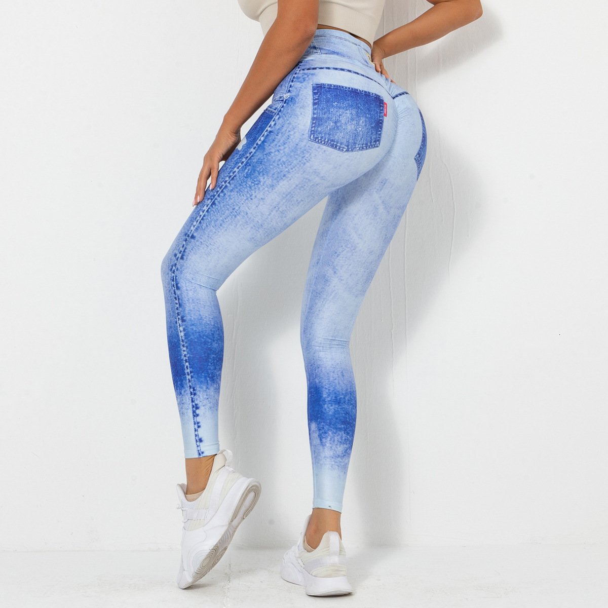 Digital printed denim blue height elastic quick drying yoga pants, sports running tight fitness pants for women