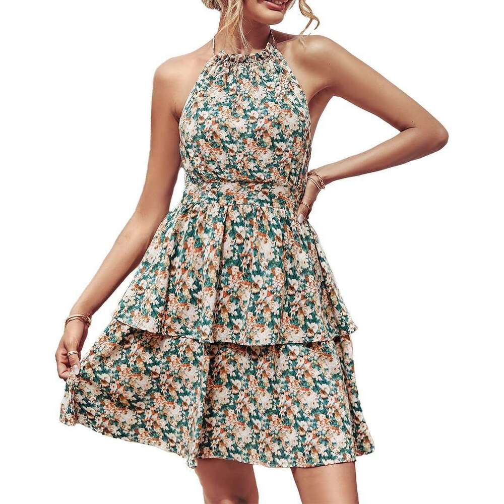 Summer New Hanging Neck Open Back Printed Sleeveless Dress for Women