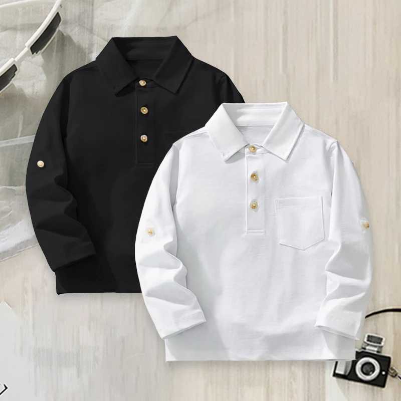 Autumn 2pcs Boy White And Black Cotton Long Sleeve Polo Shirt Kids Party Banquet Celebration Holiday School Casual Pocket Top Y240906