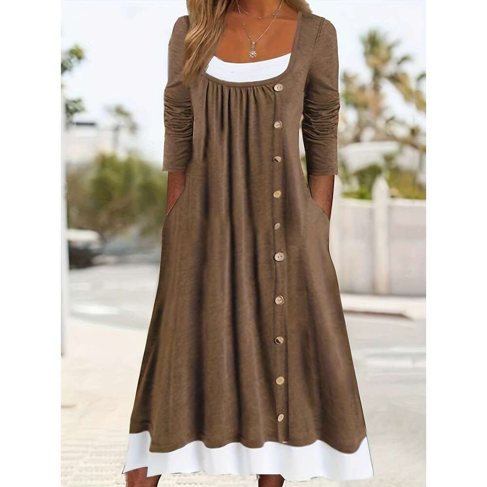 2023 new loose women's casual dress straight tube solid color button pocket square neck mid length