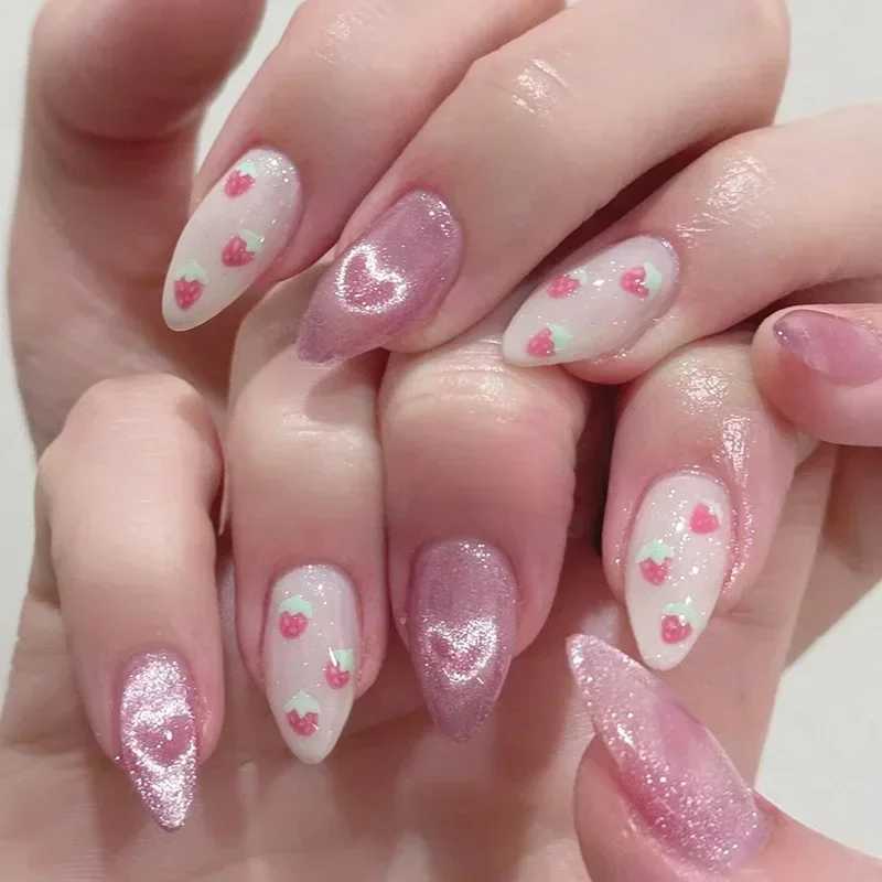 24 almond shaped pressed nails with cute strawberry heart design medium length pearl finish mixed shadows fake nails W240905
