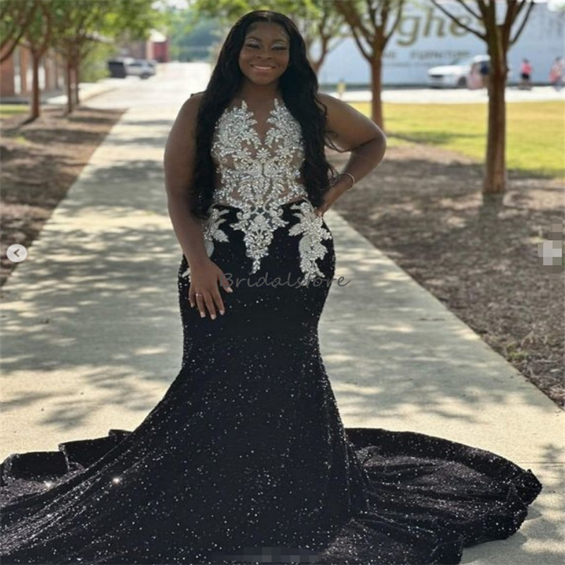 Shiny Red Black Prom Dresses 2025 Plus Size Sequins Mermaid Evening Dress 2025 African Nigerian O Neck Sleeveless Birthday Party Dress Special Occasio