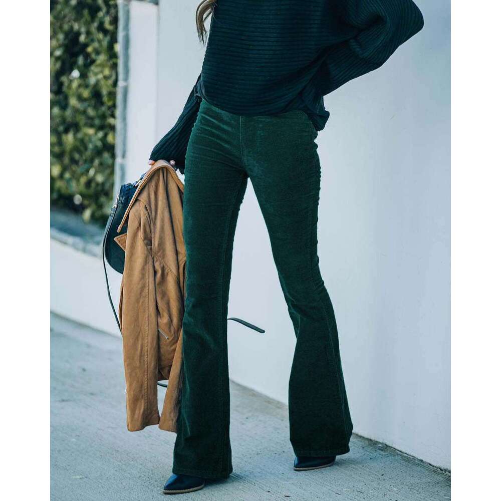 2024 Spring/Summer Women's Solid Color High Slim Fit Micro Flare Corduroy Elastic Waist Casual Pants