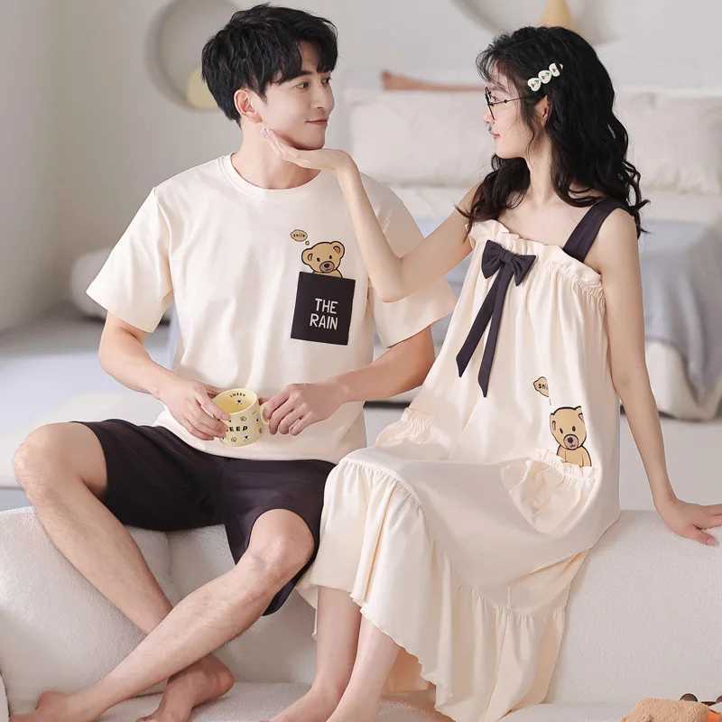 Summer Korean Couple Sleepwear Women Men Pajamas Set Cotton Pijama Suit Ladys Nightdress Round Neck Loose Lover Pyjama Night Y240906
