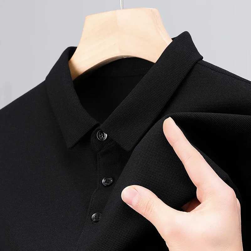Mens Fashion Waffle Solid Long Sleeved Polo Shirt Summer Breathable Comfortable TopXJ240906