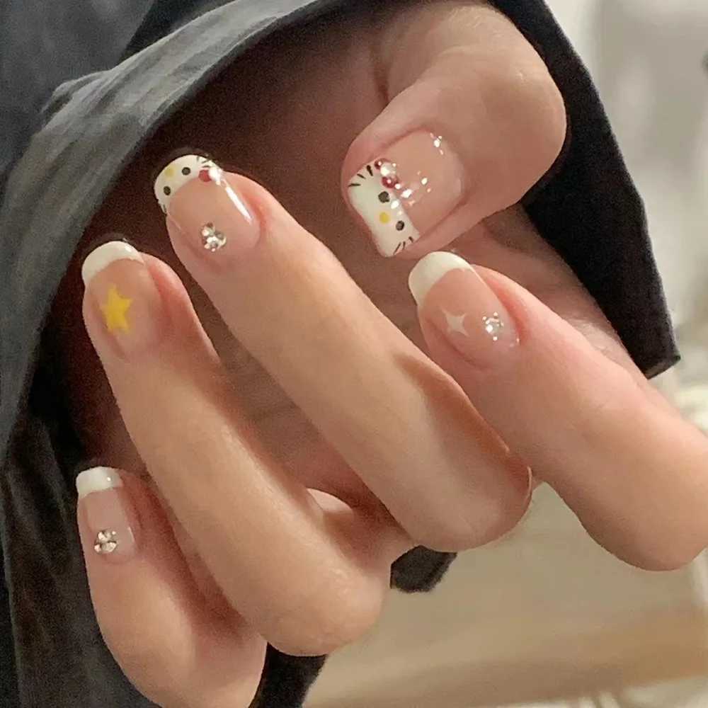 24 pieces of short squeeze nails pink cat French fake nails rhinestones shiny artificial reusable fake nails W240905