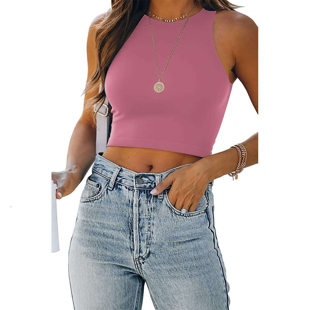 2024 Summer New Sleeveless Round Neck I-shaped Short Solid Color Tank Top T-shirt for Women