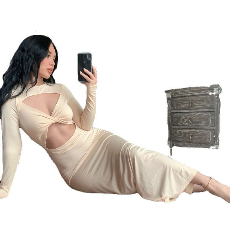 2023 style new autumn solid color hollow sexy slim fit long sleeved dress for women