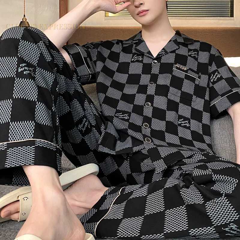 Summer Knitted Plaid Mens Pyjamas Plus 4XL Pajama Sets Casual Pjs Lounge Masculine Sleepwear Nightwear Pijamas Homewear Fashion Y240906