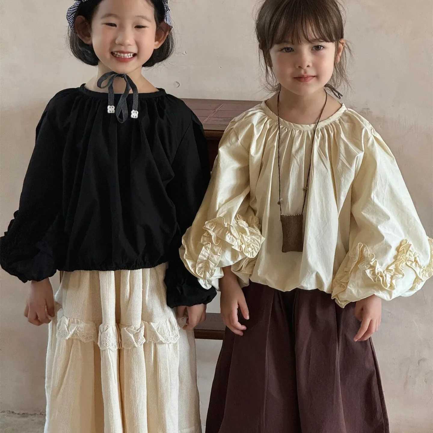 Blouses Korean Childrens Clothing Autumn New Girl Shirt Retro Style Easy Flower Edge Tops Simple 2024 Round Collar Y240906