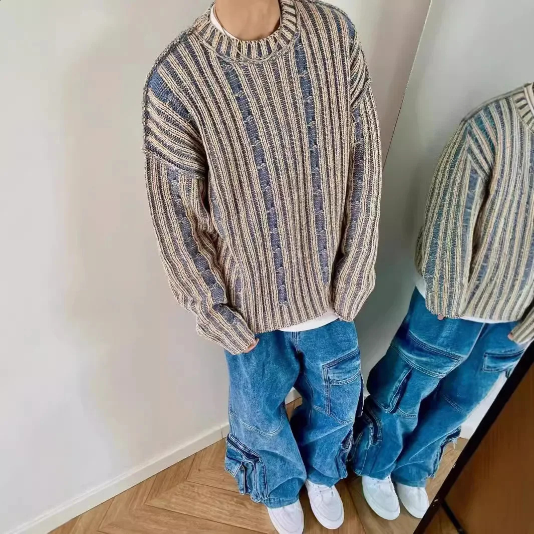Vintage Striped Color Blocking Sweater For Men Women Autumn Winter High Street Trendy Knitted Top Crew Neck 240906