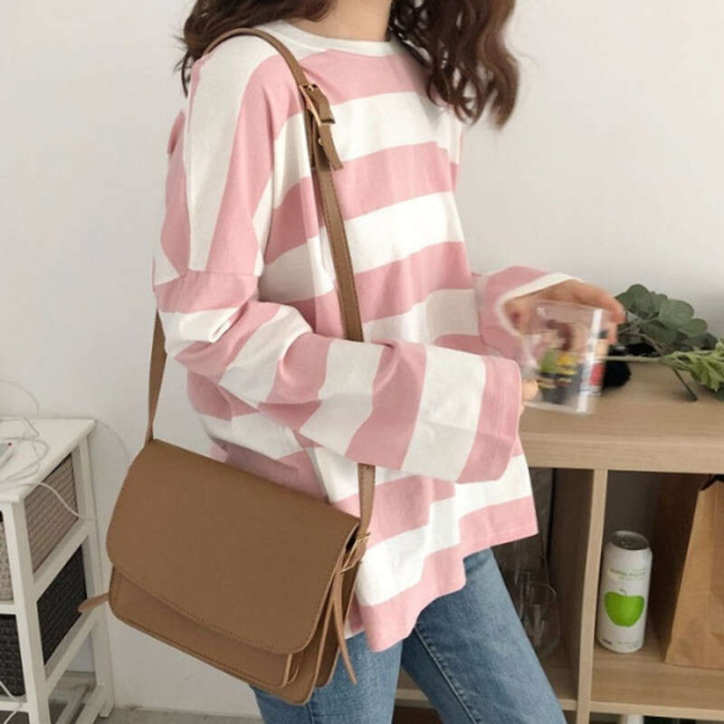 2020 New Top Ins Trendy Student Long Sleeve T-shirt Korean Versatile Striped Loose Womens Bottom Shirt